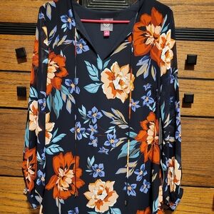 Floral Vince Camuto V-Neck Tie-Front Blouse - Navy and Orange